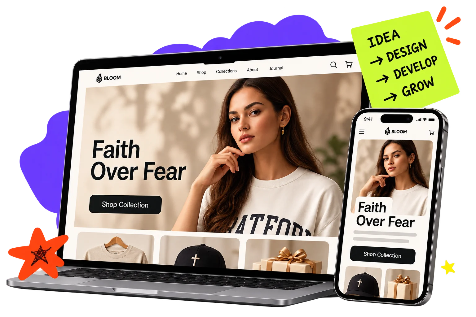 Shopify store design shown on a laptop and phone