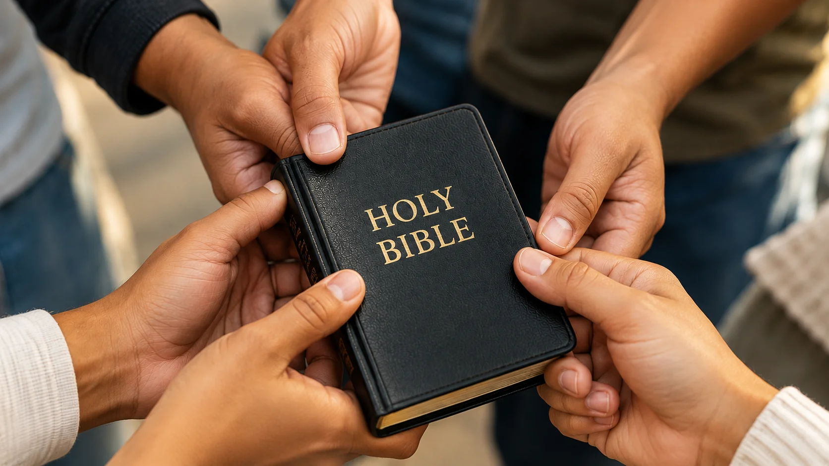 Hands United Around a Holy Bible