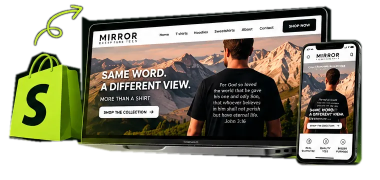 Mirror Scripture Tees Shopify store on laptop and phone